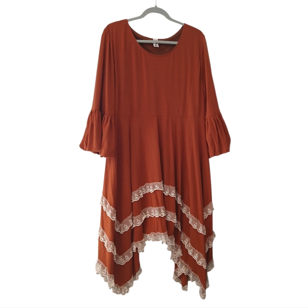 Chic Asymmetrical Rust Dress with Lace Accents - Picture 1 of 5